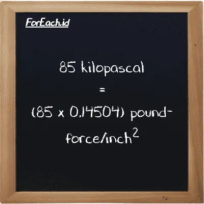 How to convert kilopascal to pound-force/inch<sup>2</sup>: 85 kilopascal (kPa) is equivalent to 85 times 0.14504 pound-force/inch<sup>2</sup> (lbf/in<sup>2</sup>)